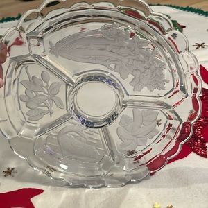 VTG Crystal Frosted Intaglio Divided Relish Tray Celery Olives Fish Pickles 12"
